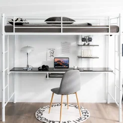 Lit Mezzanine en Métal avec Bureau, Lit Superposé 2 en 1 avec Poste de Travail, 2 Échelles et Garde-Corps, Blanc