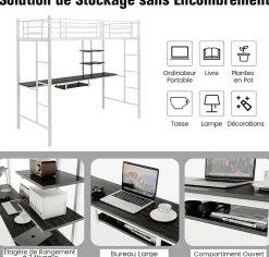 Lit Mezzanine en Métal avec Bureau, Lit Superposé 2 en 1 avec Poste de Travail, 2 Échelles et Garde-Corps, Blanc
