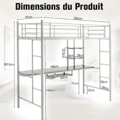 Lit Mezzanine en Métal avec Bureau, Lit Superposé 2 en 1 avec Poste de Travail, 2 Échelles et Garde-Corps, Blanc
