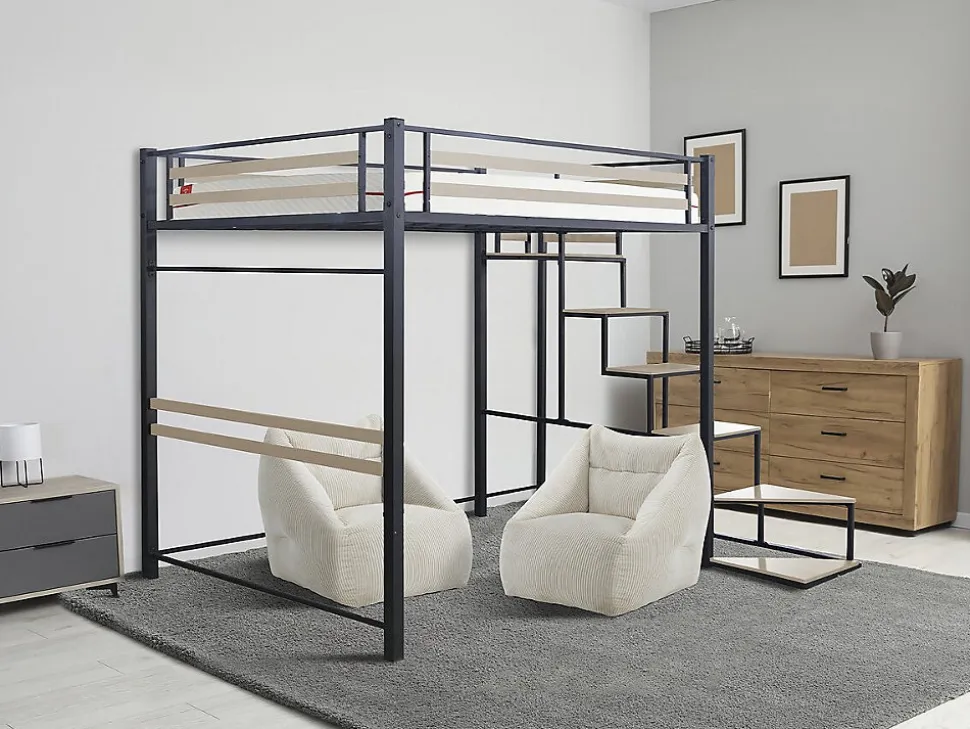 Lit mezzanine en métal avec escalier "LENA" 140 x 190 cm Noir