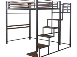 Lit mezzanine en métal avec escalier "LENA" 140 x 190 cm Noir et marron noyer