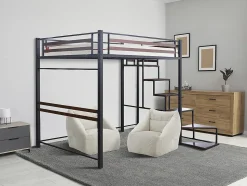 Lit mezzanine en métal avec escalier "LENA" 140 x 190 cm Noir et marron noyer