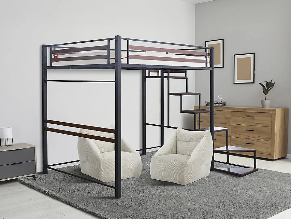 Lit mezzanine en métal avec escalier "LENA" 140 x 190 cm Noir et marron noyer