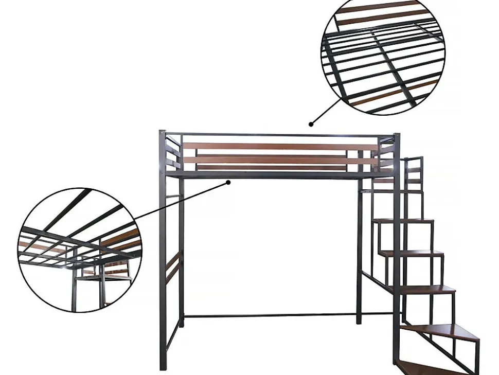 Lit mezzanine en métal avec escalier "LENA" 140 x 190 cm Noir et marron noyer