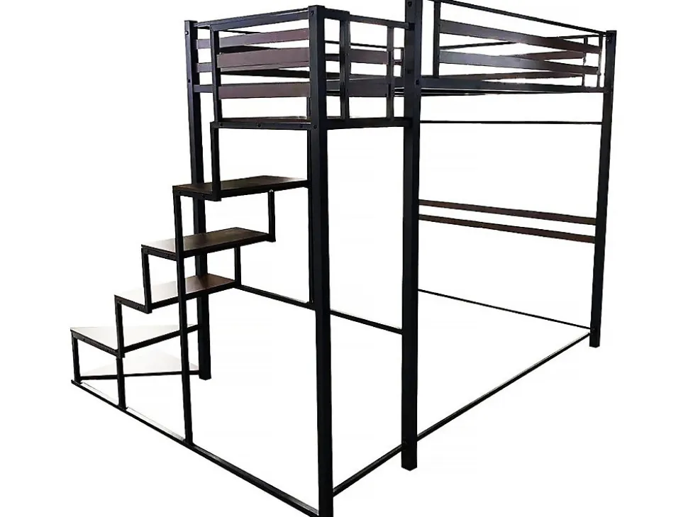 Lit mezzanine en métal avec escalier "LENA" 140 x 190 cm Noir et marron noyer