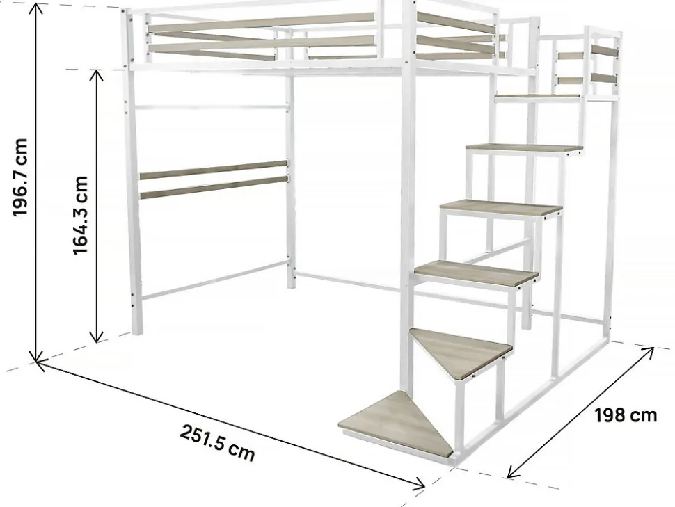 Lit mezzanine en métal avec escalier "LENA" 140 x 190 cm Blanc