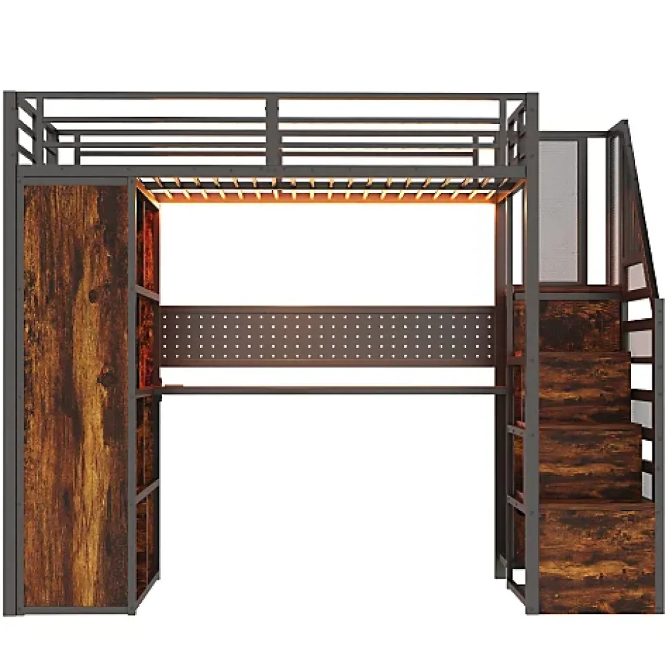 Lit mezzanine en métal 90x200 cm avec armoire et bureau - avec LED - compartiments de rangement - noir (sans matelas)