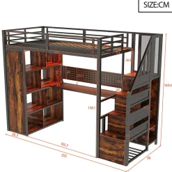 Lit mezzanine en métal 90x200 cm avec armoire et bureau - avec LED - compartiments de rangement - noir (sans matelas)