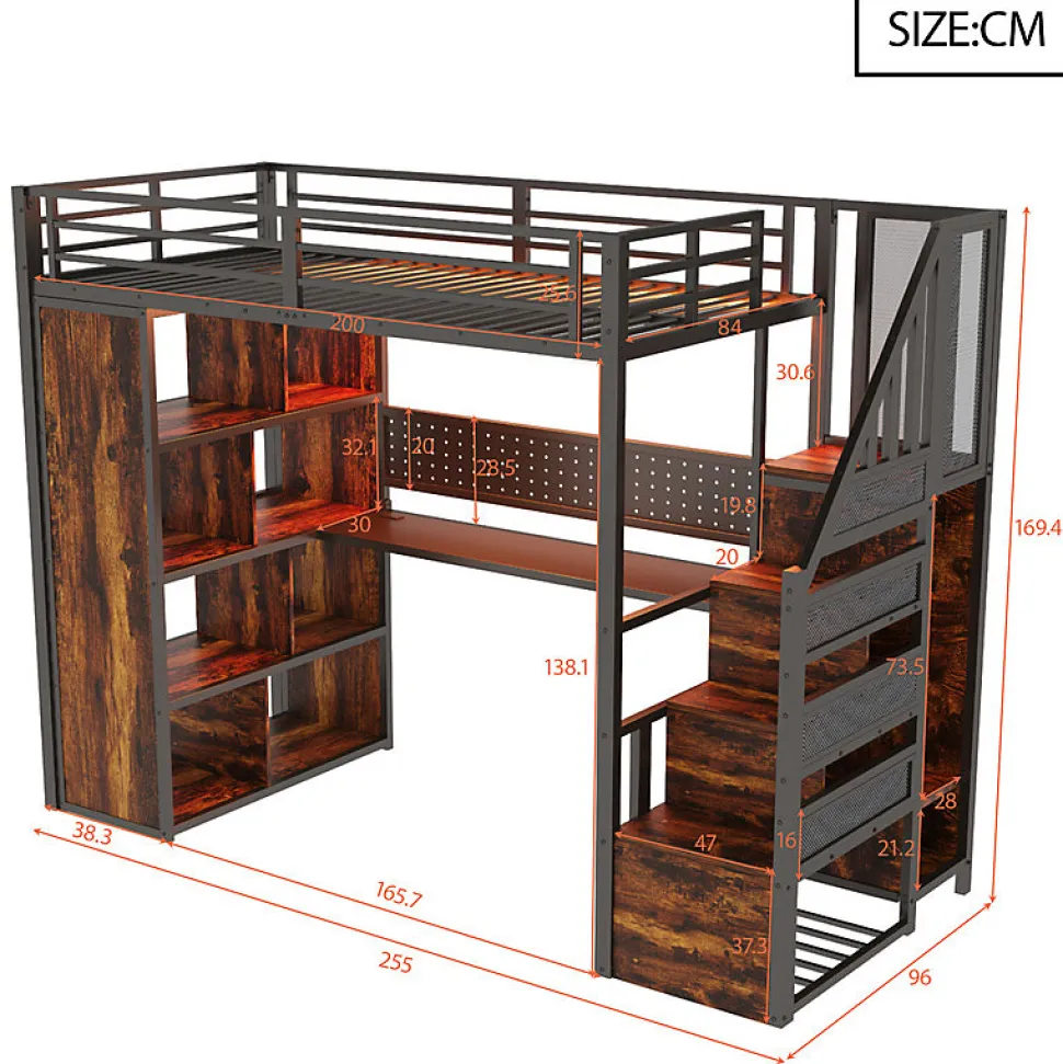 Lit mezzanine en métal 90x200 cm avec armoire et bureau - avec LED - compartiments de rangement - noir (sans matelas)
