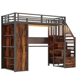 Lit mezzanine en métal 90x200 cm avec armoire et bureau - avec LED - compartiments de rangement - noir (sans matelas)