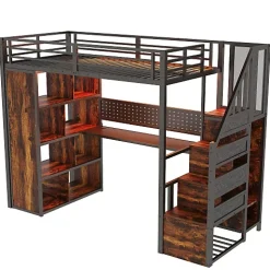 Lit mezzanine en métal 90x200 cm avec armoire et bureau - avec LED - compartiments de rangement - noir (sans matelas)