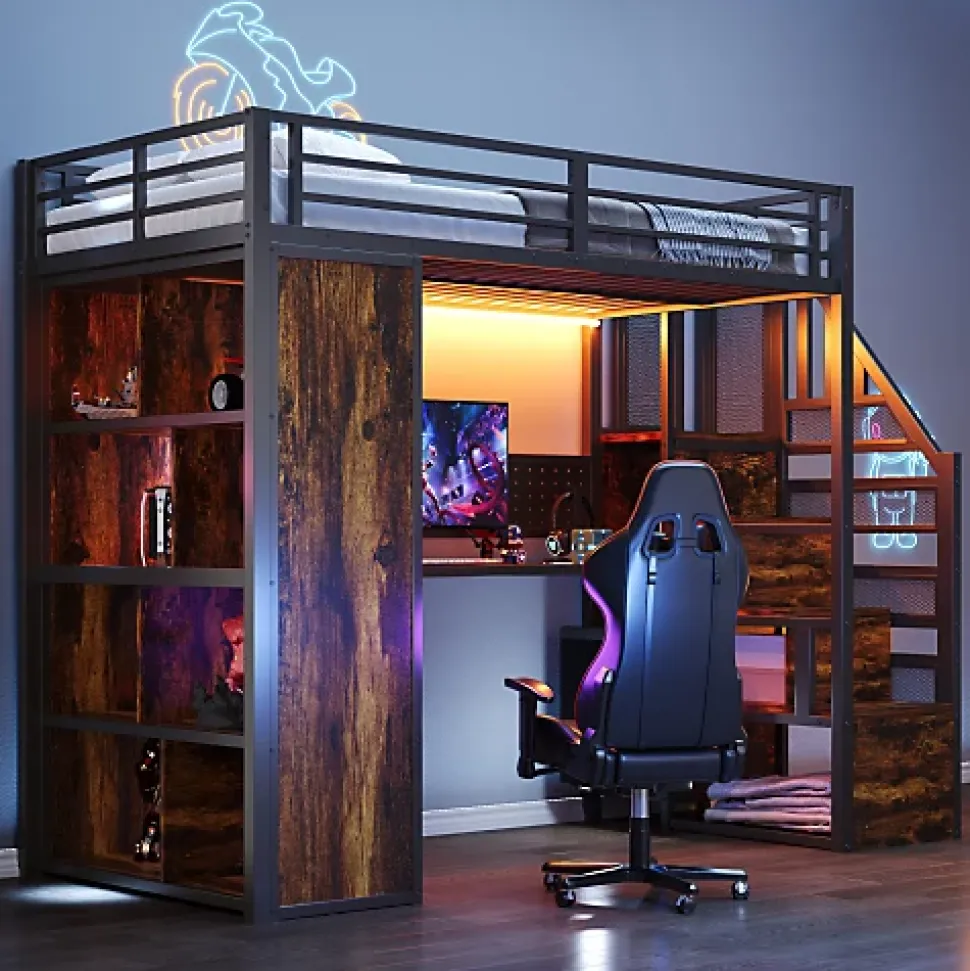 Lit mezzanine en métal 90x200 cm avec armoire et bureau - avec LED - compartiments de rangement - noir (sans matelas)