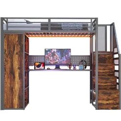 Lit mezzanine en métal 90x200 cm avec armoire et bureau - avec LED - compartiments de rangement - noir (sans matelas)