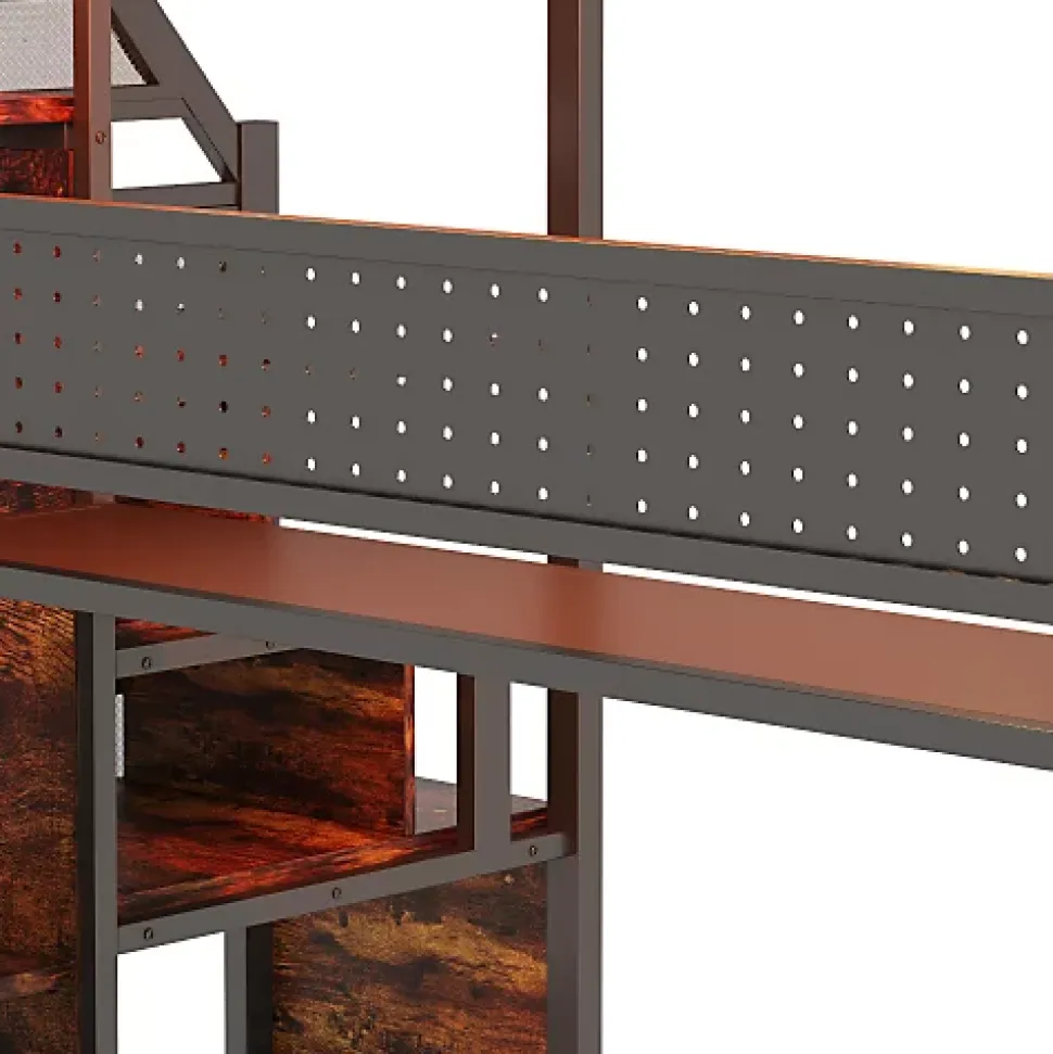 Lit mezzanine en métal 90x200 cm avec armoire et bureau - avec LED - compartiments de rangement - noir (sans matelas)