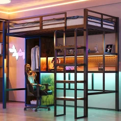 Lit mezzanine en métal 90x200 cm avec escalier - armoire et bureau avec panneau perforé - avec LED - noir (sans matelas)