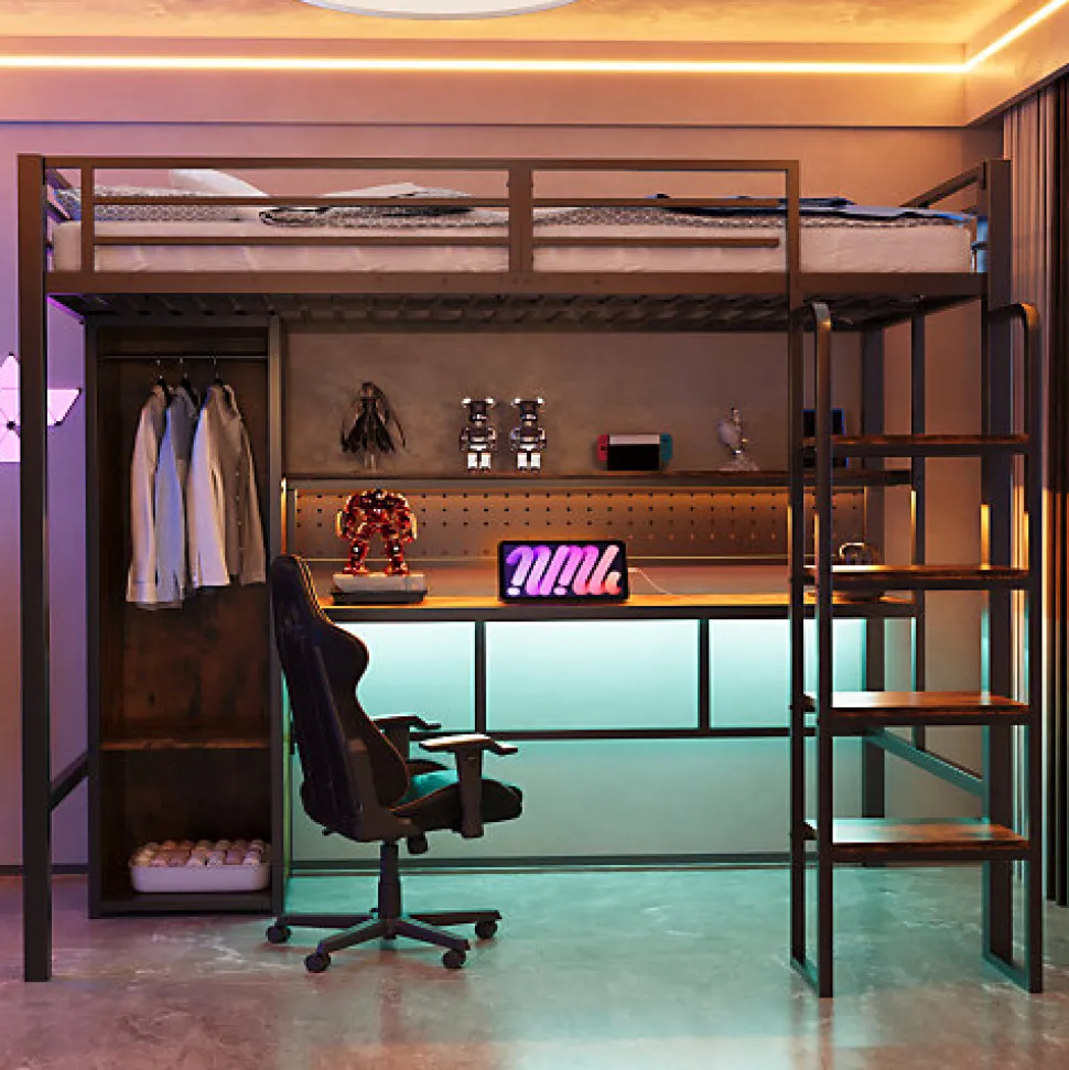 Lit mezzanine en métal 90x200 cm avec escalier - armoire et bureau avec panneau perforé - avec LED - noir (sans matelas)