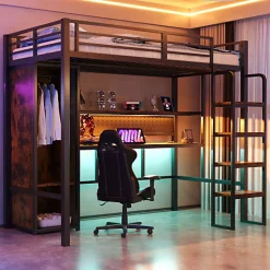 Lit mezzanine en métal 90x200 cm avec escalier - armoire et bureau avec panneau perforé - avec LED - noir (sans matelas)