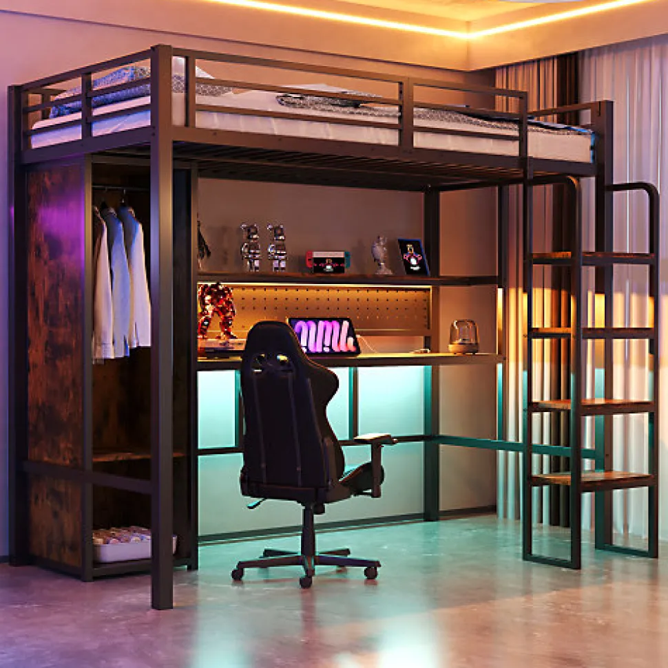 Lit mezzanine en métal 90x200 cm avec escalier - armoire et bureau avec panneau perforé - avec LED - noir (sans matelas)