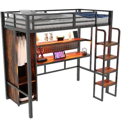 Lit mezzanine en métal 90x200 cm avec escalier - armoire et bureau avec panneau perforé - avec LED - noir (sans matelas)