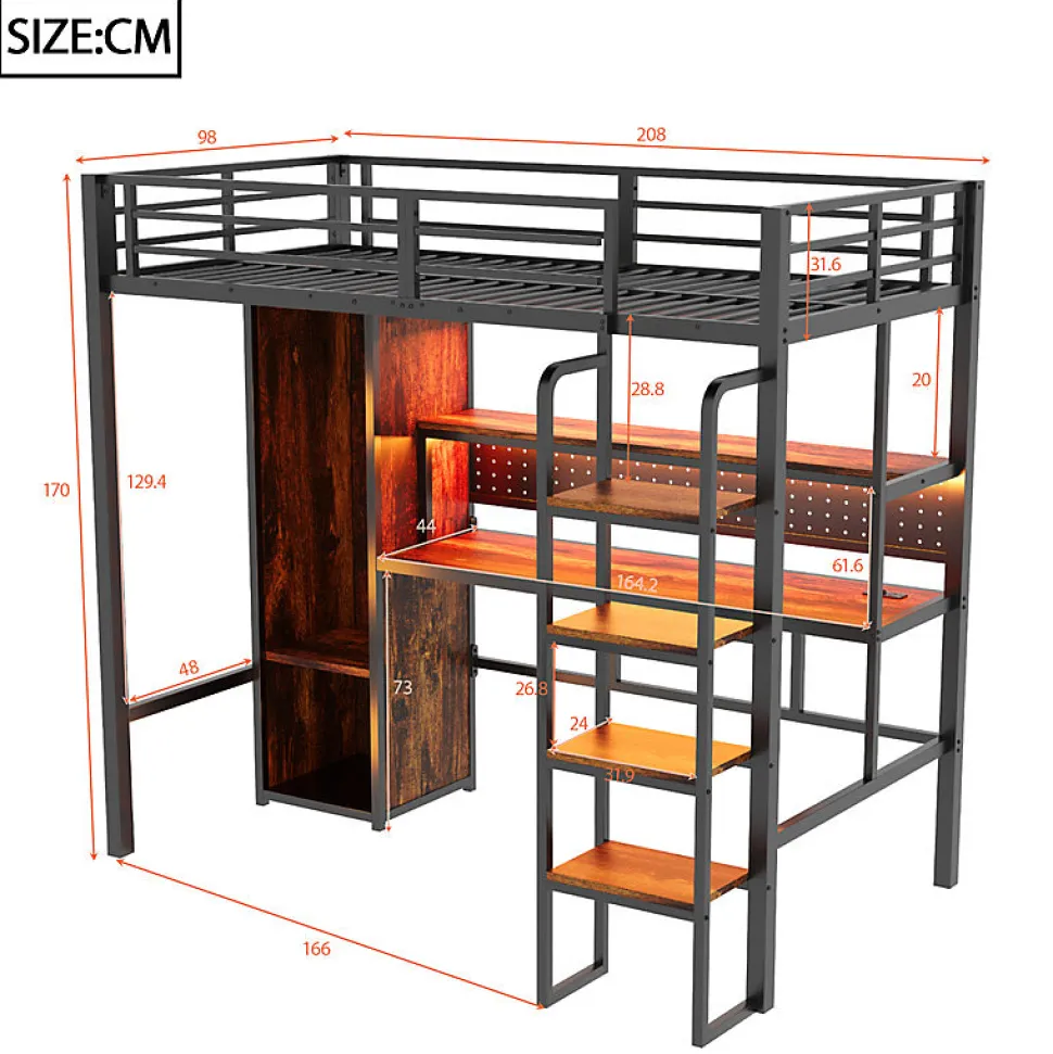 Lit mezzanine en métal 90x200 cm avec escalier - armoire et bureau avec panneau perforé - avec LED - noir (sans matelas)