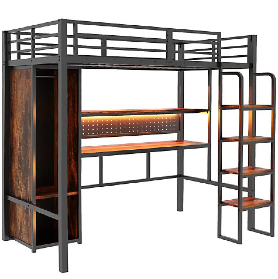 Lit mezzanine en métal 90x200 cm avec escalier - armoire et bureau avec panneau perforé - avec LED - noir (sans matelas)