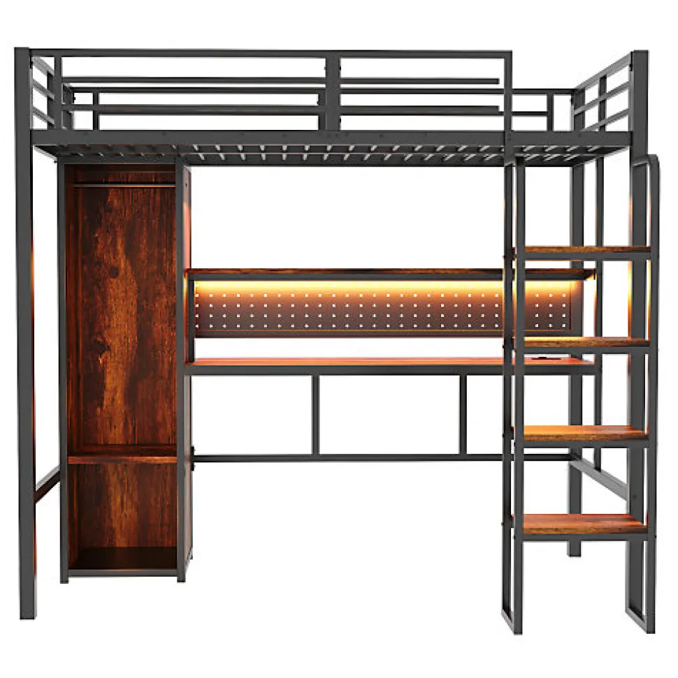 Lit mezzanine en métal 90x200 cm avec escalier - armoire et bureau avec panneau perforé - avec LED - noir (sans matelas)