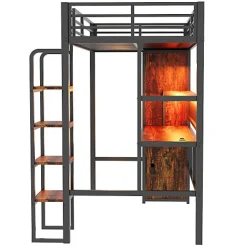 Lit mezzanine en métal 90x200 cm avec escalier - armoire et bureau avec panneau perforé - avec LED - noir (sans matelas)