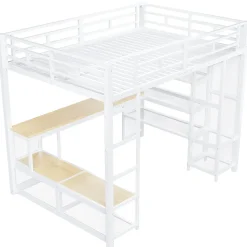 Lit mezzanine en métal 140x200 cm - Avec bureau et étagères - Avec penderie ouverte - Port USB et LED - Blanc (sans matelas)