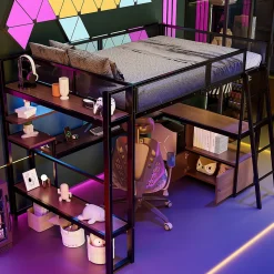 Lit mezzanine en métal 140x200 cm - Avec LED - Bureau et étagère de rangement - Port USB - Noir (sans matelas)