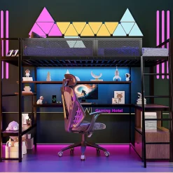 Lit mezzanine en métal 140x200 cm - Avec LED - Bureau et étagère de rangement - Port USB - Noir (sans matelas)