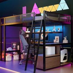 Lit mezzanine en métal 140x200 cm - Avec LED - Bureau et étagère de rangement - Port USB - Noir (sans matelas)