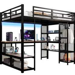 Lit mezzanine en métal 140x200 cm - Avec LED - Bureau et étagère de rangement - Port USB - Noir (sans matelas)