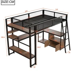 Lit mezzanine en métal 140x200 cm - Avec LED - Bureau et étagère de rangement - Port USB - Noir (sans matelas)