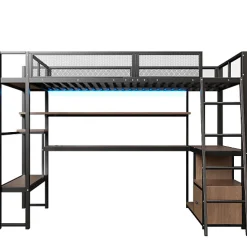 Lit mezzanine en métal 140x200 cm - Avec LED - Bureau et étagère de rangement - Port USB - Noir (sans matelas)
