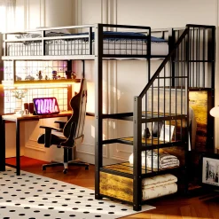 Lit mezzanine en métal 90x200 cm avec LED - prise de recharge - échelle de rangement - étagères et bureau - noir (sans matelas)