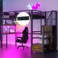 Lit mezzanine en métal 90x200 cm avec LED - prise de recharge - échelle de rangement - étagères et bureau - noir (sans matelas)