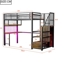 Lit mezzanine en métal 90x200 cm avec LED - prise de recharge - échelle de rangement - étagères et bureau - noir (sans matelas)