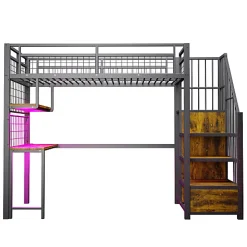 Lit mezzanine en métal 90x200 cm avec LED - prise de recharge - échelle de rangement - étagères et bureau - noir (sans matelas)