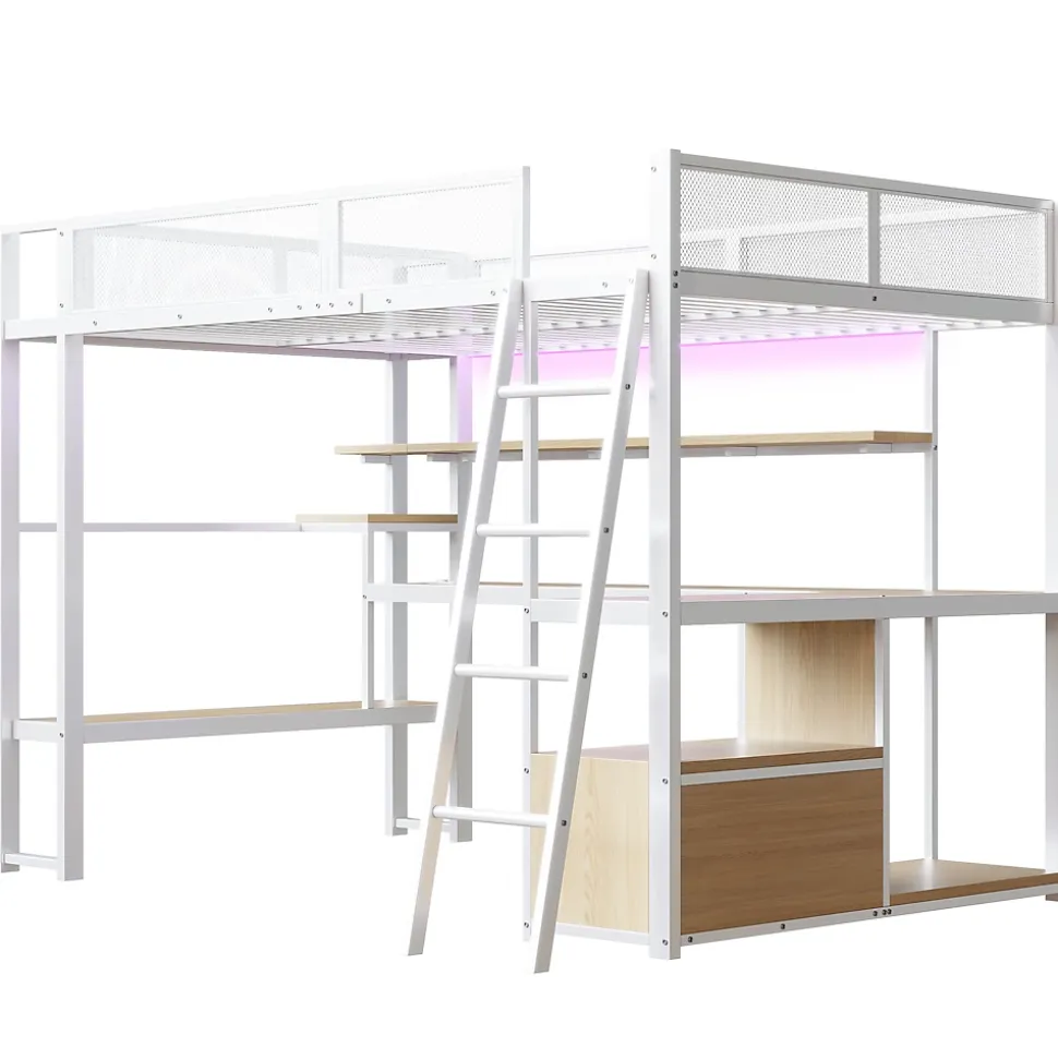 Lit mezzanine en métal 140x200 cm - Avec LED - Bureau et étagère de rangement - Port USB - Blanc (sans matelas)