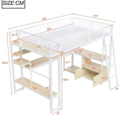 Lit mezzanine en métal 140x200 cm - Avec LED - Bureau et étagère de rangement - Port USB - Blanc (sans matelas)