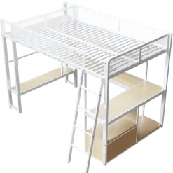 Lit mezzanine en métal 140x200 cm - Avec LED - Bureau et étagère de rangement - Port USB - Blanc (sans matelas)