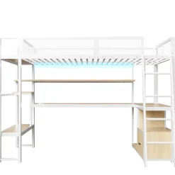 Lit mezzanine en métal 140x200 cm - Avec LED - Bureau et étagère de rangement - Port USB - Blanc (sans matelas)