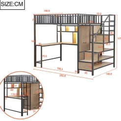 Lit mezzanine en métal 140x200 cm avec LED - avec étagères - armoire+tiroir - échelle de rangement - noir (sans matelas)