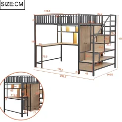 Lit mezzanine en métal 140x200 cm avec LED - avec étagères - armoire+tiroir - échelle de rangement - noir (sans matelas)