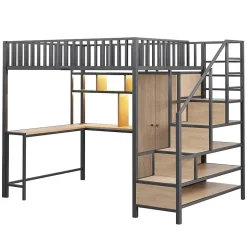 Lit mezzanine en métal 140x200 cm avec LED - avec étagères - armoire+tiroir - échelle de rangement - noir (sans matelas)