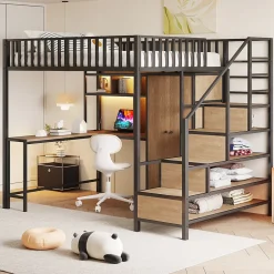 Lit mezzanine en métal 140x200 cm avec LED - avec étagères - armoire+tiroir - échelle de rangement - noir (sans matelas)