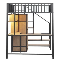 Lit mezzanine en métal 140x200 cm avec LED - avec étagères - armoire+tiroir - échelle de rangement - noir (sans matelas)