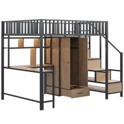 Lit mezzanine en métal 140x200 cm avec LED - avec étagères - armoire+tiroir - échelle de rangement - noir (sans matelas)