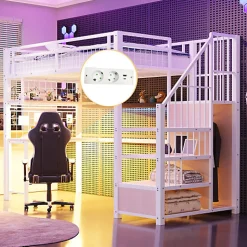 Lit mezzanine en métal 90x200 cm avec LED - prise de recharge - échelle de rangement - étagères et bureau - blanc (sans matelas)