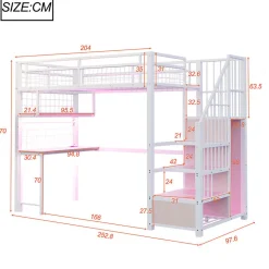 Lit mezzanine en métal 90x200 cm avec LED - prise de recharge - échelle de rangement - étagères et bureau - blanc (sans matelas)